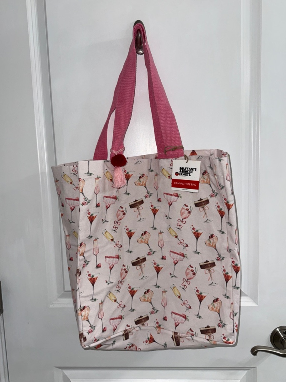 Pink Canvas Tote Bag with Cocktail Print, Size 16X16